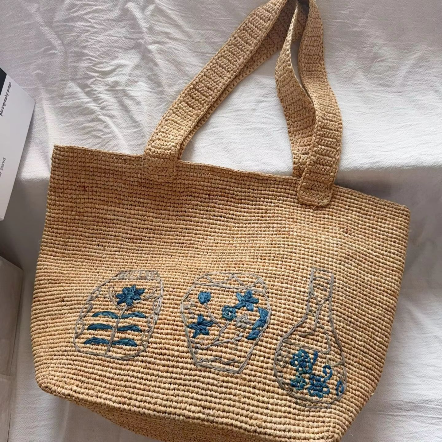 Women'S Raffia Bags - Casual Woven Messenger Embroidery Tote Bag