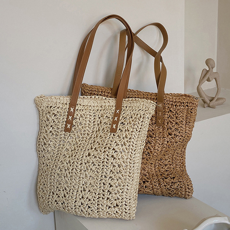 Women'S Raffia Bags - Square Hollow Straw Beach Bag Handmade
