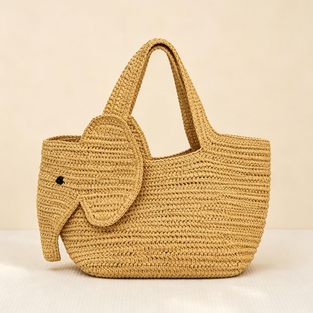 Women'S Raffia Bags - Elephant Shaped Raffia Handwoven Straw Handbag,Women