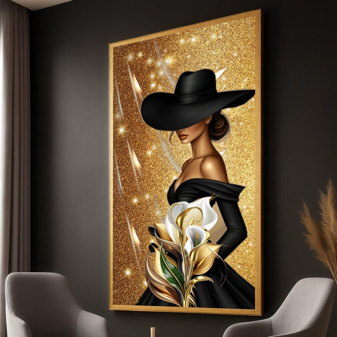 Women Bags Europe - Glamorous Woman,Black Hat, Gold Glitter, Calla