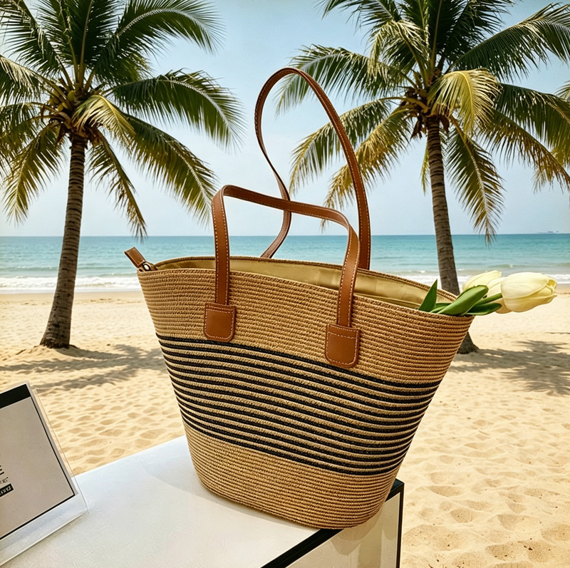 Women Bags Leather - CLAREGQI Women's Striped Straw Tote Bag,