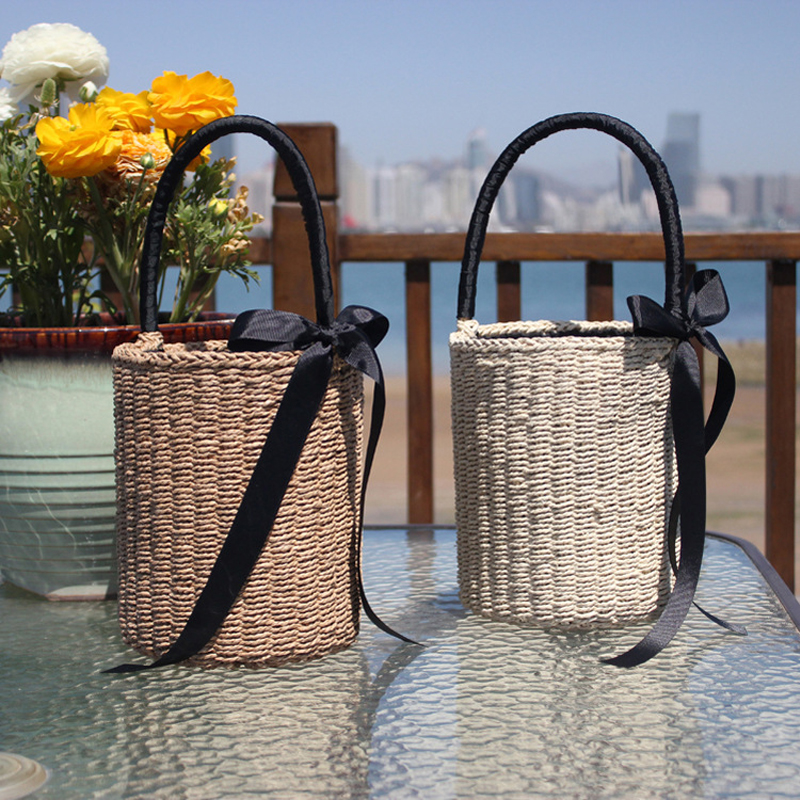 Women'S Raffia Bags - Hand-made Bucket Straw Bag Top Handle
