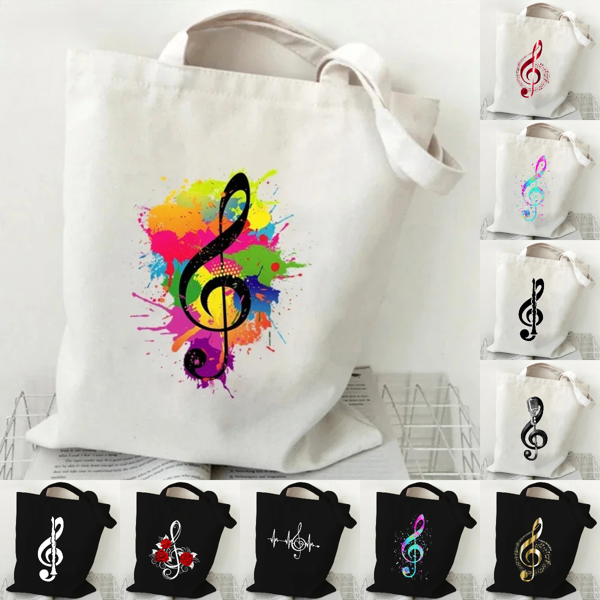Women Handheld Bags - Music Note Heartbeat Printed Canvas Bag